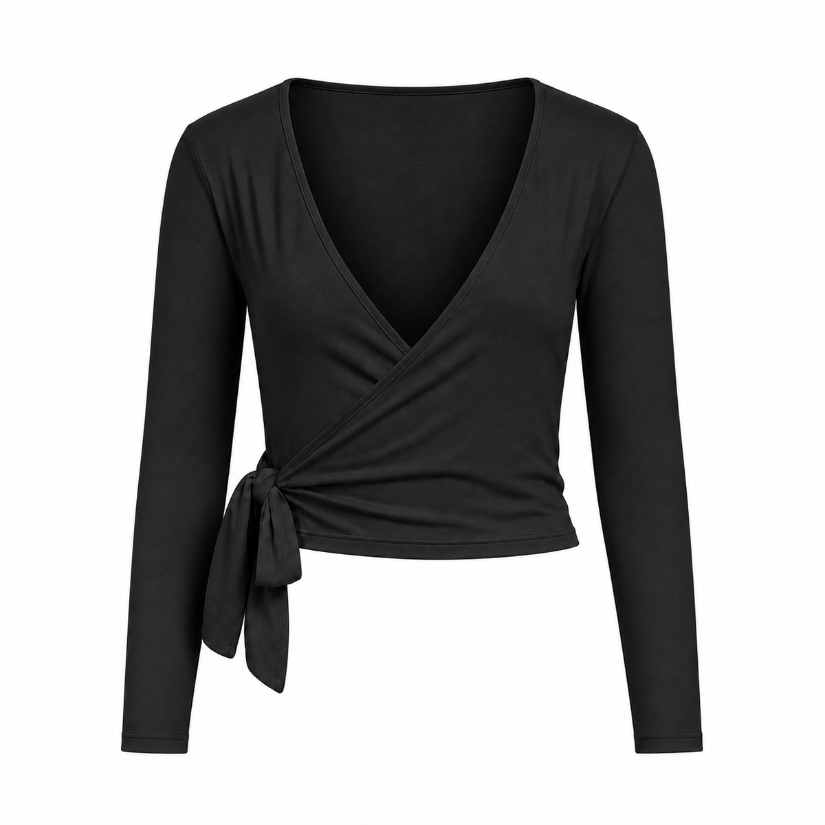 Ballerina topp svart – produktmockup med omslag, lange ermer og knyting på hvit bakgrunn