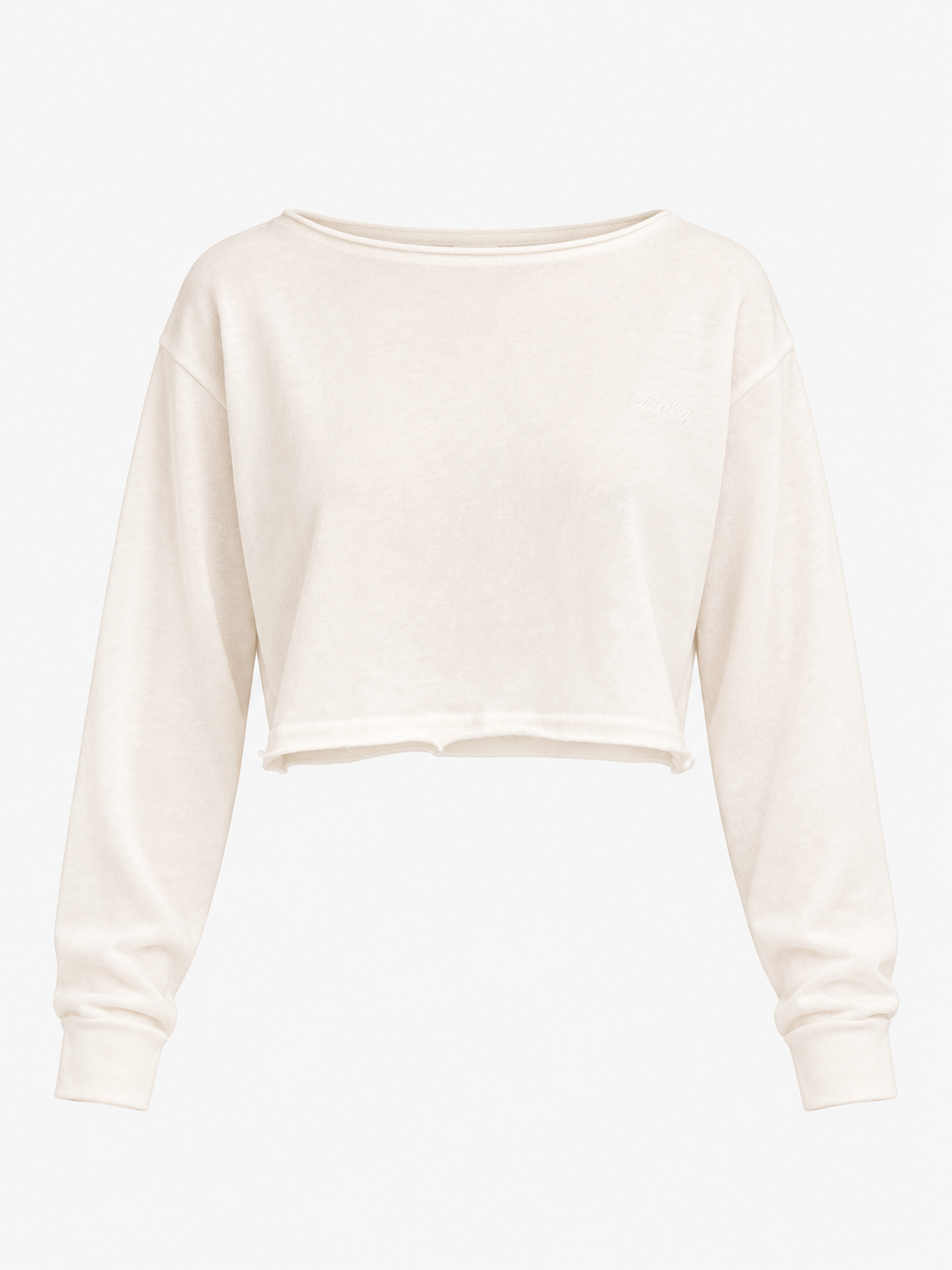 Cropped strikkegenser offwhite med vid hals og lange ermer – produktbilde forfra