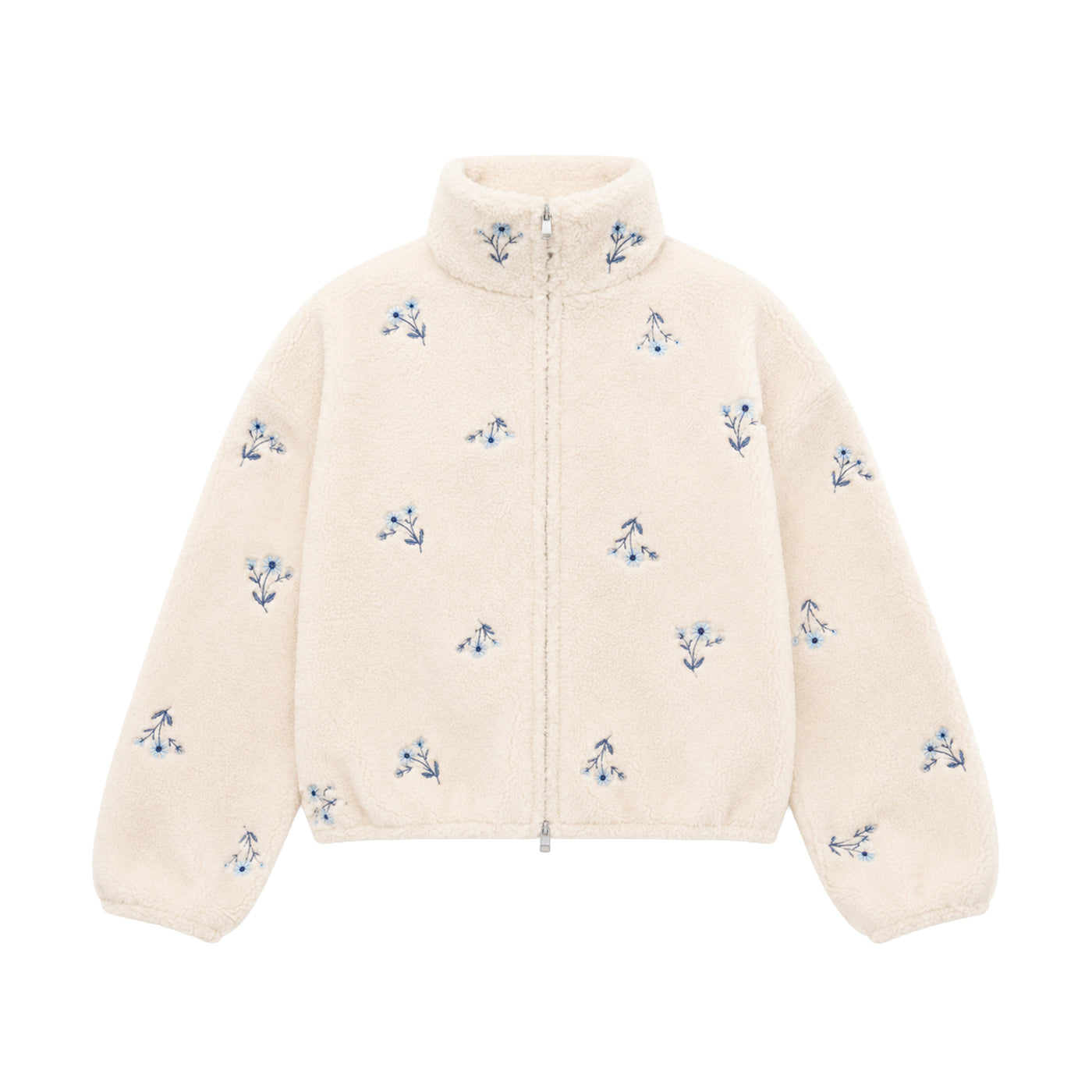 Blåklokke Fleece packshot – kremhvit teddy fleecejakke med broderte blåklokker