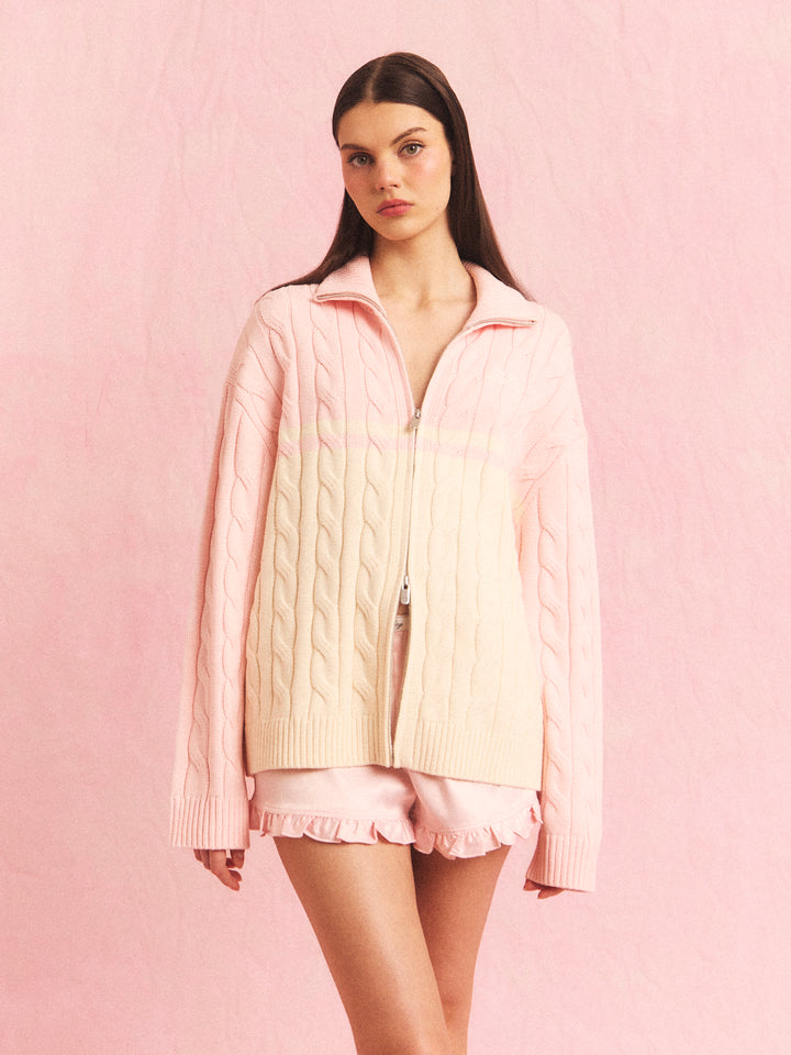 Blush cable zip cardigan
