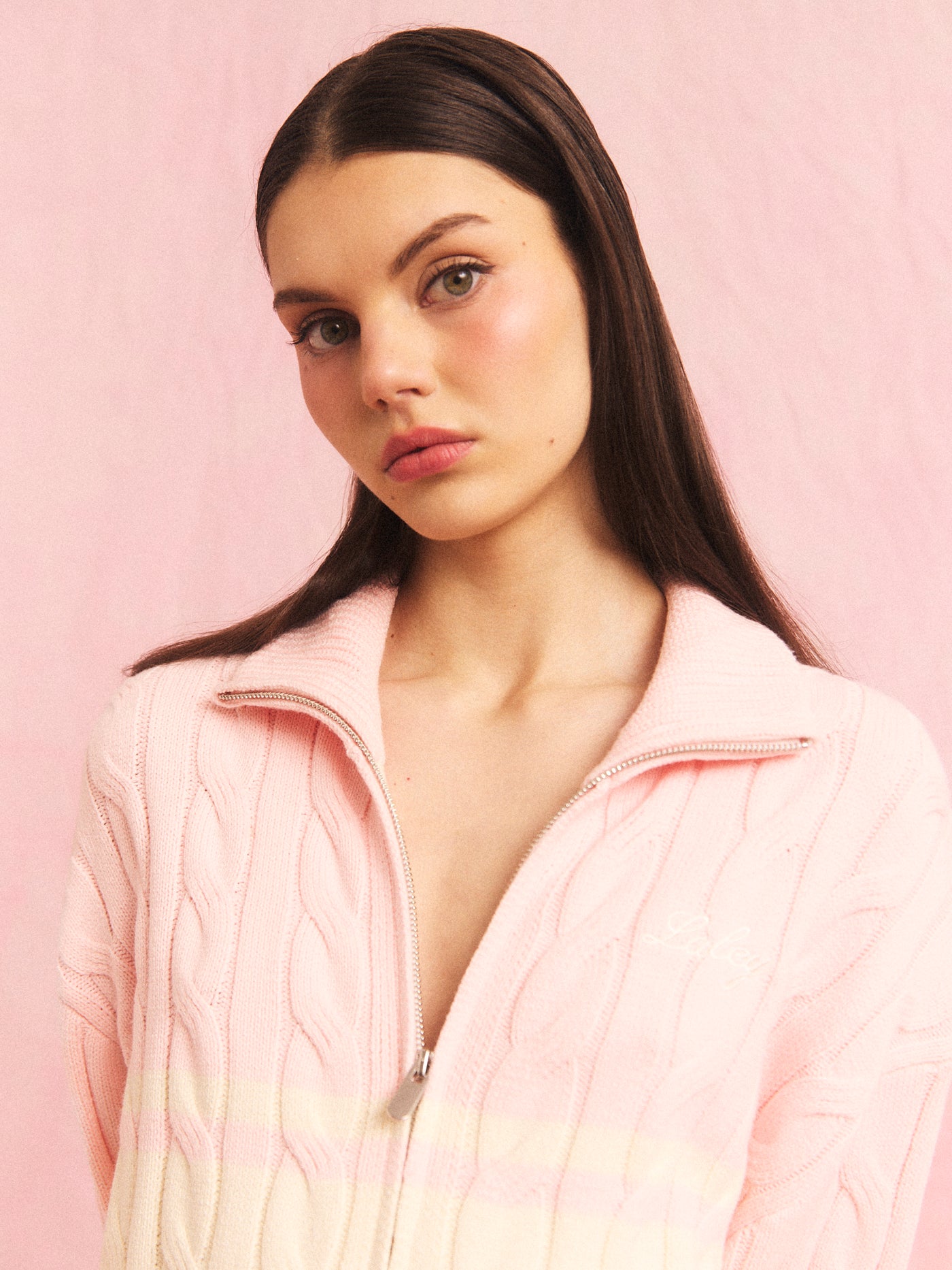 Blush cable zip cardigan