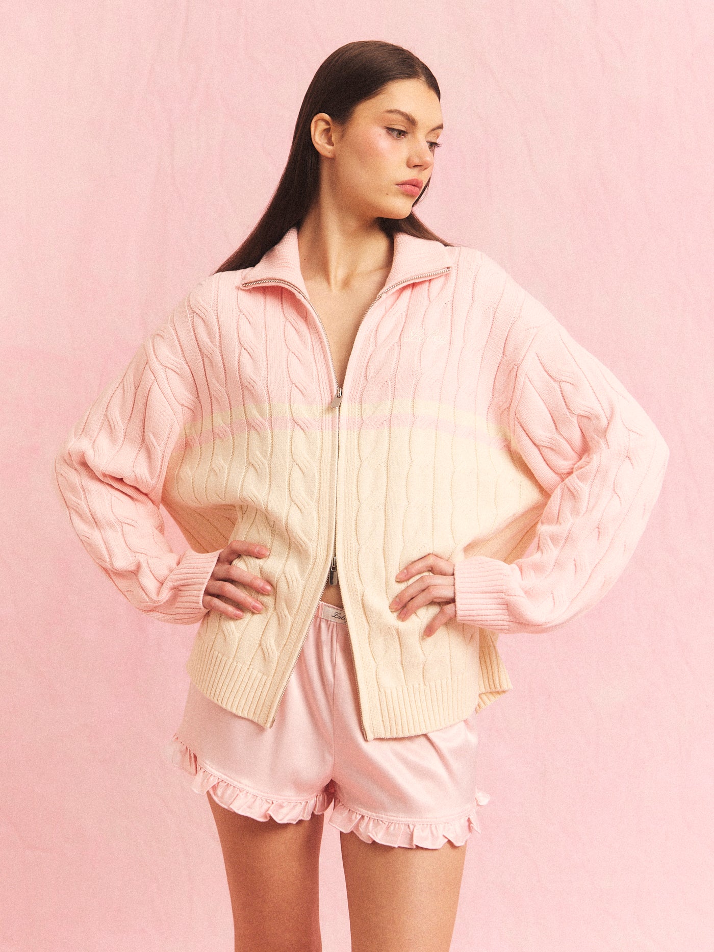 Blush cable zip cardigan